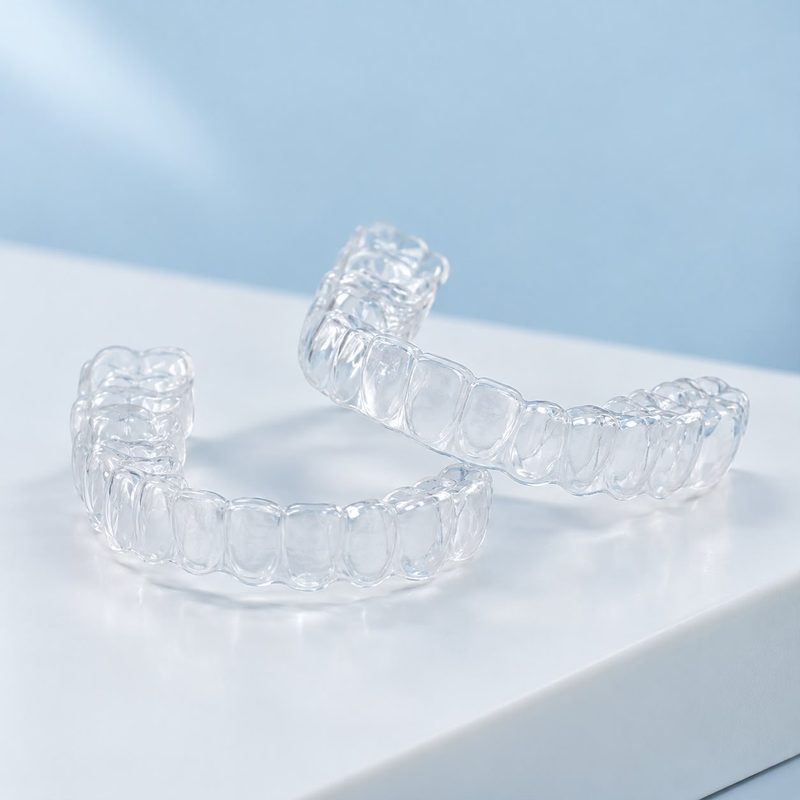 Two clear aligner trays on a white surface